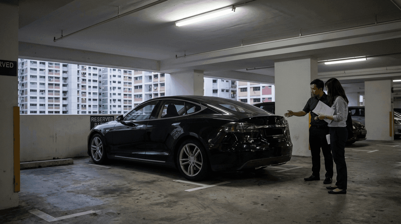 Luxury electric vehicle in Singapore HDB carpark showing rear-end collision damage